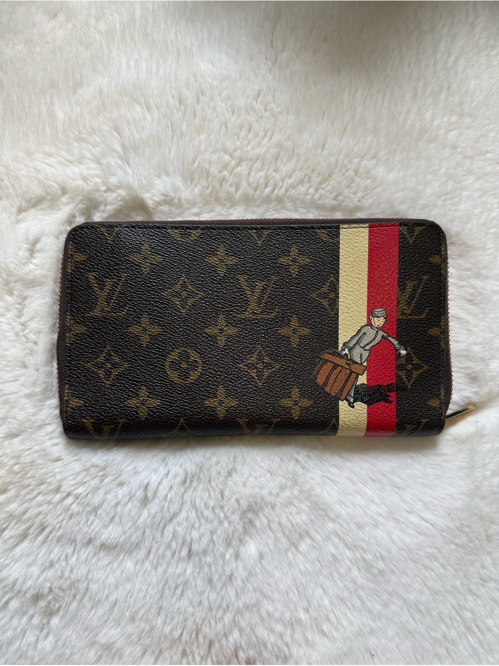 Louis Vuitton Monogram Zip Wallet with Red & Cream Stripe